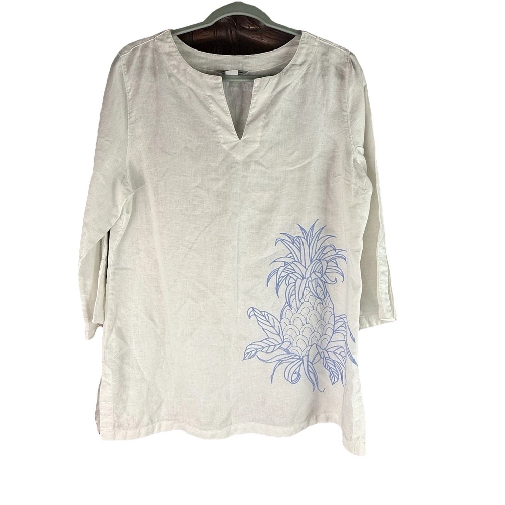 Tommy Bahama‎ Women's 100% Linen White 3/4 Sleeve Embroidered Blouse Size M